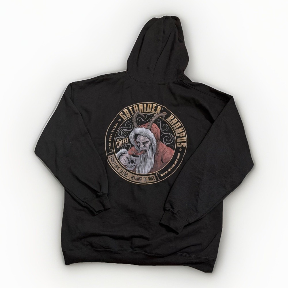 GothRider Coffee Krampus Christmas Blend Graphic Zip Up Black Hoodie XL Merch